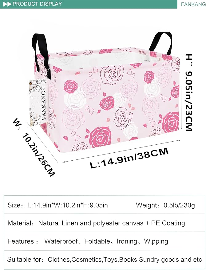 FANKANG Storage Bins, Nursery Hamper Canvas Laundry Basket Foldable with Waterproof PE Coating Large Storage Baskets for Kids Boys and Girls, Office, Bedroom, Clothes,Toys(Rec-Pink roses ）
