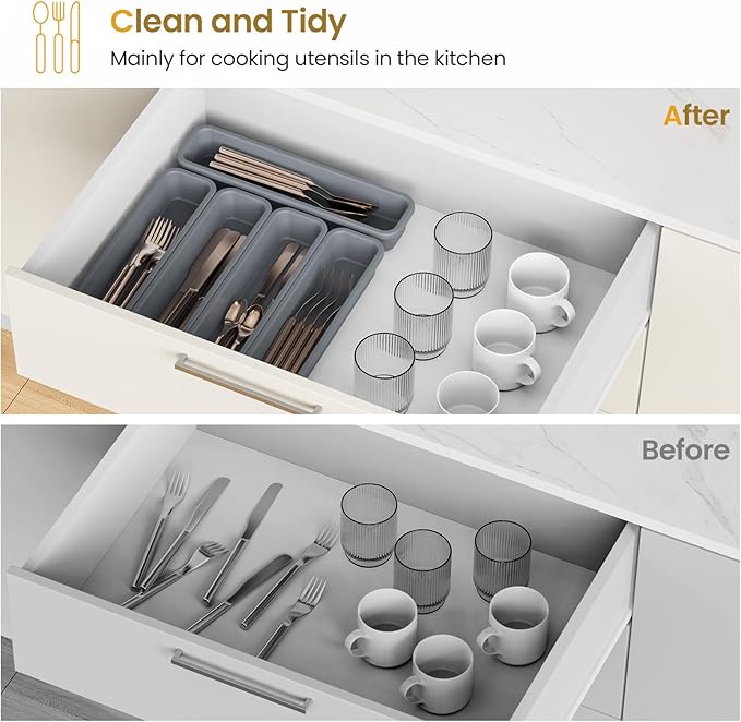 5 Pack Silicone Drawer Organizer for Kitchen, DIY Free Combination Silverware Organizer, Utensil Drawer Organizer, Moisture-proof and Heat-resistant up to 200°C, Anti-slip and Environmentally (Grey)-NeatNest