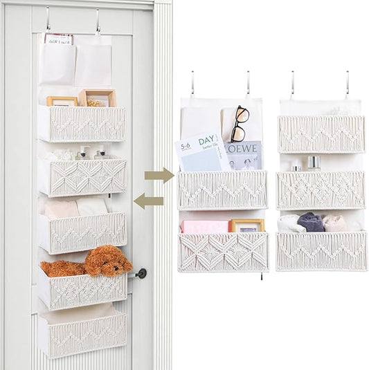 ANTIS'S HOME Over the Door Organizer Macrame Boho Nursery Storage with 5 Large Woven Pockets, Hanging Closet Basket for Bathroom or Nursery, Behind the Door Storage Organizer-NeatNest