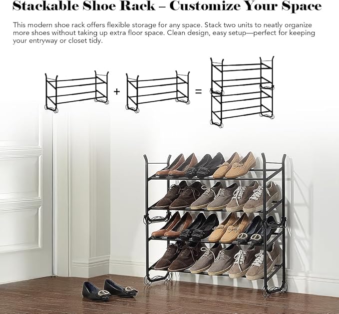 SunnyPoint Expandable & Stackable 2-Tier Shoe Rack – Adjustable Shoe Organizer for Entryway, Closet or Bedroom, Holds 4 to 8 Pairs, Space-Saving Metal Shoe Storage Shelf (17.5"–31.49" W) (BLK, 2 Tier)-NeatNest