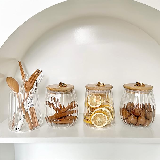 38 FL OZ Glass Jars with Bamboo Lids, Glass Containers with Airtight Lids for Storage, Large Candy Jars for Coffee Nuts Cookie, Decorative Glass Canister, 1130ml Oval & Conical