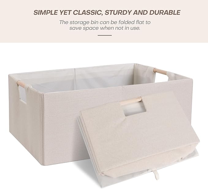 ANMINY 2PCS Storage Baskets for Organizing Collapsible Fabric Storage Bins Boxes with Wood Handles Closet Shelves Cube Organizer Bins Clothes Laundry Storage Container - Large, Beige-NeatNest
