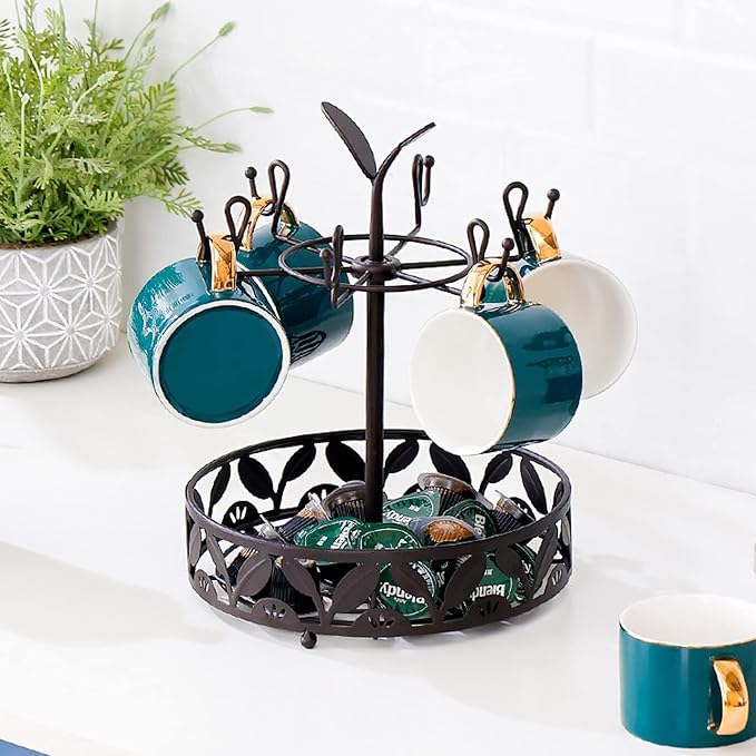 Coffee Mug Holder with Coffee Pod Basket Storage, Rotatable 6-capacity Cup Mug Holder Tree, Coffee Counter Bar Accessory & Kitchen Organizer-NeatNest