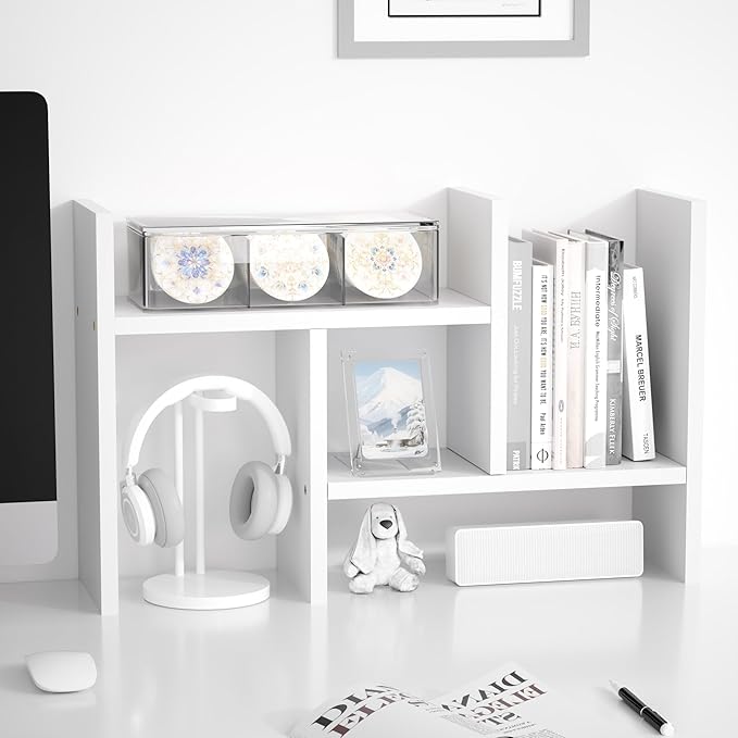 Jerry & Maggie Desktop Organizer Office Storage Rack Adjustable Wood Display Shelf Free Style Double H, Multi-Functional Mini Bookshelf for Desk Natural Stand (White)-NeatNest