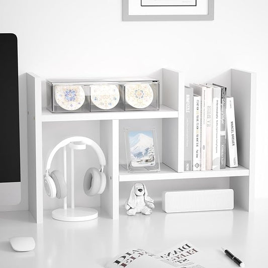 Jerry & Maggie Desktop Organizer Office Storage Rack Adjustable Wood Display Shelf Free Style Double H, Multi-Functional Mini Bookshelf for Desk Natural Stand (White)-NeatNest