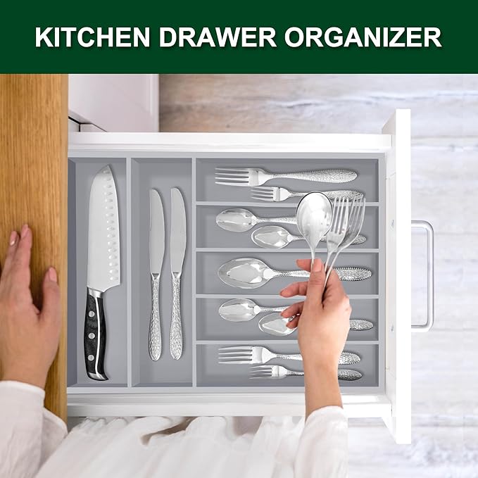 Bellsal Grey Utensil Organizer 12.5 Inch Silverware Tray for Drawer Utensil Holder Cutlery Organizer Kitchen Drawer Organizer 7 Compartment Small Narrow Bamboo-NeatNest