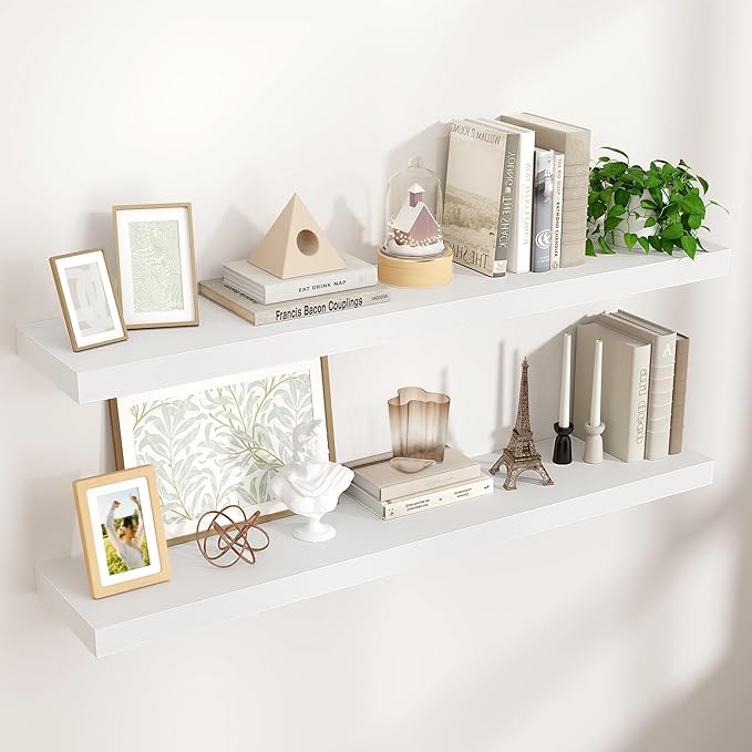 Floating Shelves for Wall, 47.24"W x 9.25"D x 1.5"H, 2 Pack of Long Wall Mounted Engineered Wood Shelves with Invisible Brackets for Living Room, Bedroom, Bathroom, Kitchen Decor and Storage, White-NeatNest