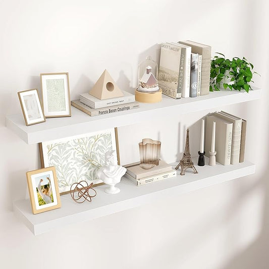 Floating Shelves for Wall, 47.24"W x 9.25"D x 1.5"H, 2 Pack of Long Wall Mounted Engineered Wood Shelves with Invisible Brackets for Living Room, Bedroom, Bathroom, Kitchen Decor and Storage, White-NeatNest
