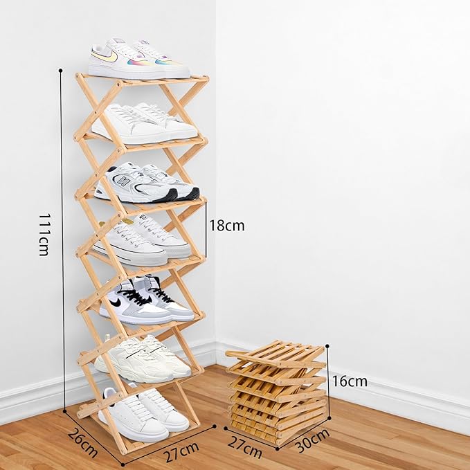 Vertical Narrow Shoe Rack, 7 Tier Portable Folding Shoe Storage Rack, Without Installation Free Standing Shoe Rack for Corridors, Bedrooms Living Room Corner and Small Spaces (7 Tier)-NeatNest