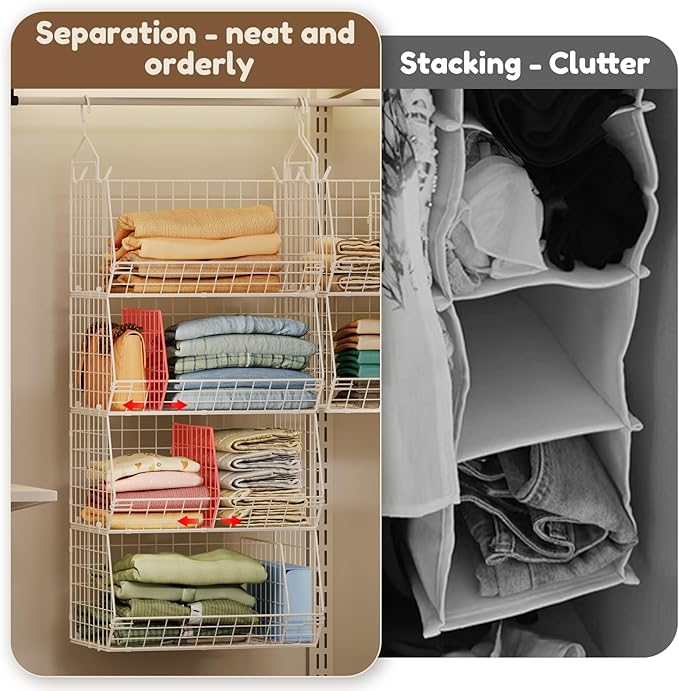 4 Tier Closet Hanging Organizer with Dividers,Extra Large Closet Storage Hanging with 5 S Hooks 4 Dividers,Clothes Organizer Clothing Sweaters Clutches Handbags Hats Accessories-White