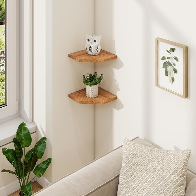 Fun Memories Corner Shelf Wall Mount Set of 2 - Solid Oak Wood Floating Corner Shelf with Cable Hole, 7in Rustic Design for Bedroom, Living Room, Kitchen (Natural)-NeatNest
