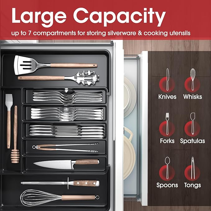 Aujen Silverware Organizer - Expandable Kitchen Drawer Organizer, Adjustable Utensil Organizer, Cutlery Tray for Forks, Knives, Multipurpose Kitchen Organizers and Storage Solution, Black, Large-NeatNest