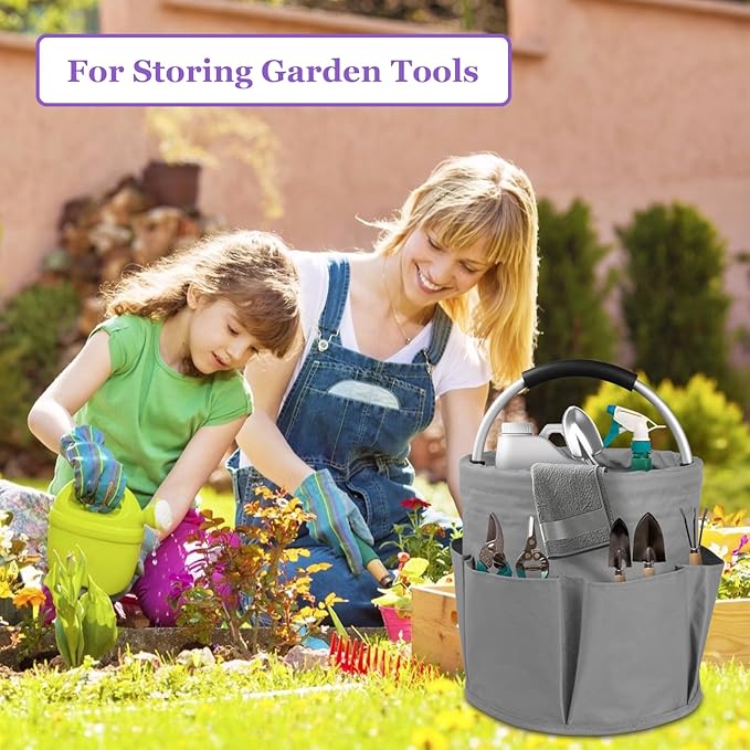 2Pack 17L Foldable Cleaning Supply Caddy with Handle, Portable Bucket Tool Organizer, Garden Tool Bag in 600D Oxford Fabric, Folding Storage Basket for Outdoor, Bathroom, Black + Dark Gray-NeatNest