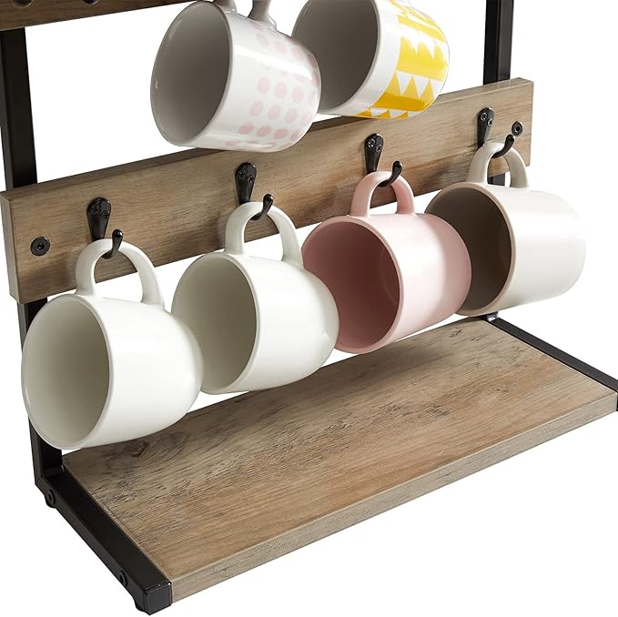 IBUYKE Rustic Coffee Mug Holder Stand, 2 Tier Countertop Mug Tree Holder Rack with Storage Base, Vintage Mug Holders for Kitchen, Holds 8 Mugs, Beige UTBJ002Y-NeatNest