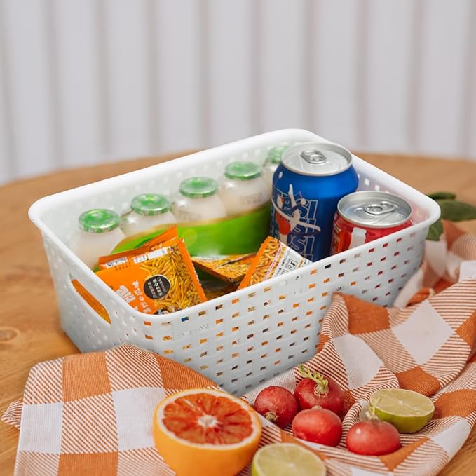 White Plastic Woven Storage Baskets, 12-Pack Weave Basket Organizer for Kitchen Office Bathroom