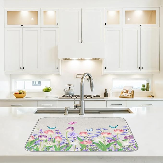 Dish Drying Mat for Kitchen Counter - Absorbent Microfiber Drying Rack Pads Reversible Dish Pad Draining Mats for Countertop Coffee Mats,18x24 inch(Tulip Flower Field)