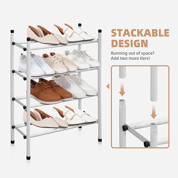 STORAGE MANIAC Expandable Shoe Rack, 8 Pairs Stackable Small Shoe Rack, Metal Adjustable Shoes Organizer for Closet, Entryway, Hallway, Garage, Front Door, Shoes Shelves, White 2 Tier-NeatNest