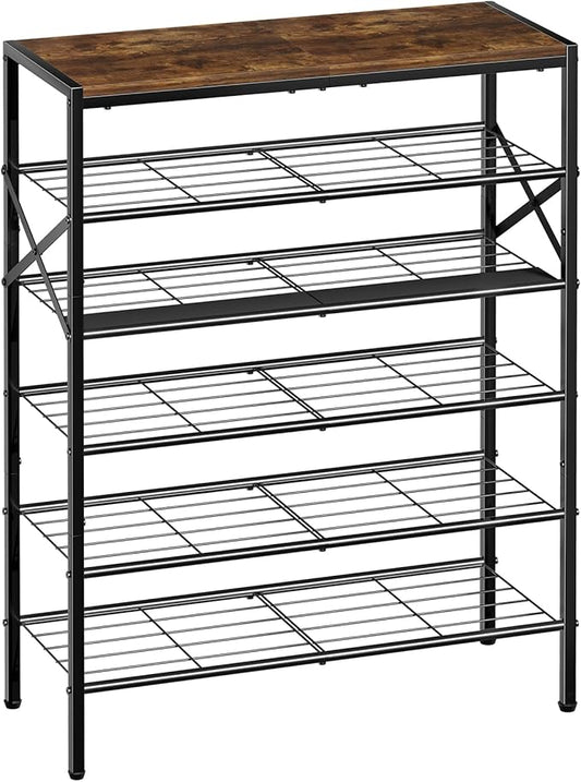 6-Tier Metal Shoe Rack Organizer Shoe Storage for Entryway 18-24 Pairs Narrow Shoe Rack for Closet Heavy-Duty Shoe Rack with Wooden Top Shelf for Garage Rustic Brown-NeatNest