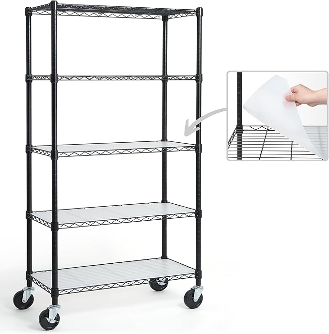 CAPHAUS NSF Commercial Grade Heavy Duty Wire Shelving w/Wheels, Leveling Feet & Liners, Metal Shelf, Garage & Utility Storage, 5-Tier 30x14x64-NeatNest
