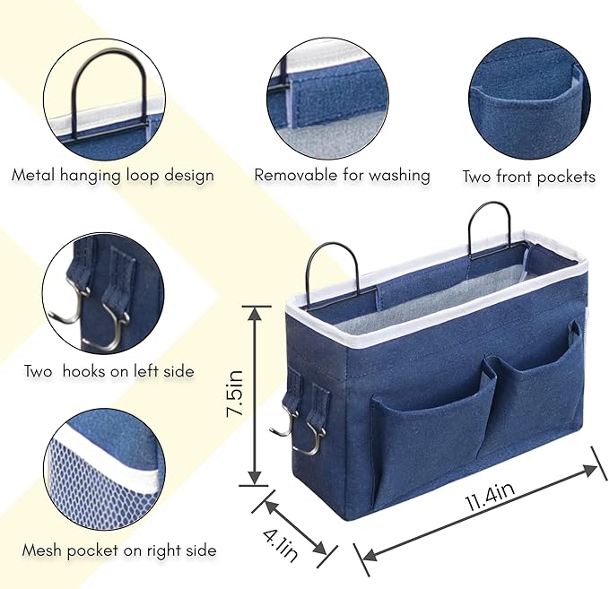 2pcs Middle Wall Hanging Organizer Bag, Linen Fabric Door Hanging Storage Basket with Pockets, Waterproof Bin for Kitchen, Bedroom, Office, RV Camper (Blue)-NeatNest