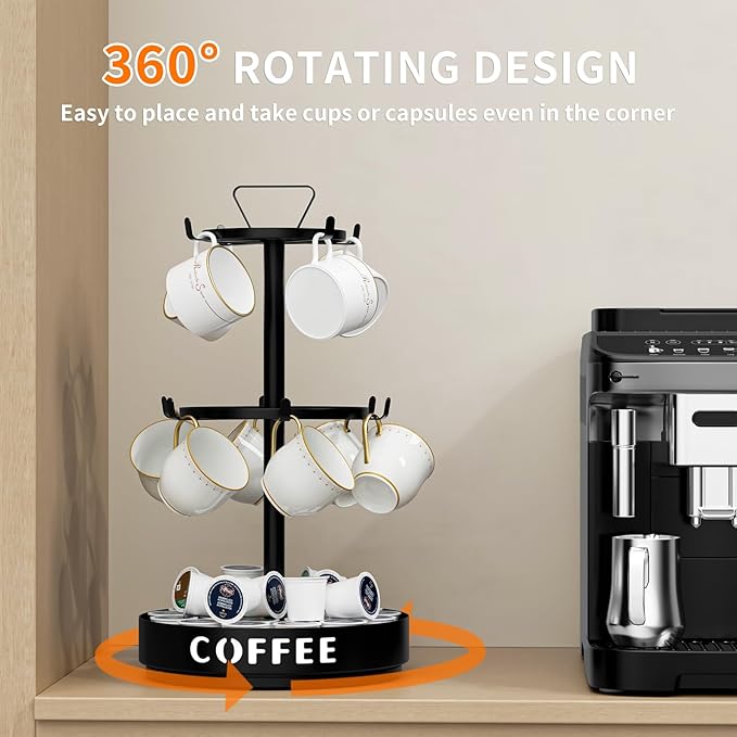 Coffee Mug Holder - Metal Mug Tree Rotatable Mug Rack, 3 Tier Coffee Cup Holder with 10 Adjustable Hooks for Bar Kitchen Counter, with Storage Base for Pods, Sugar Bags-NeatNest