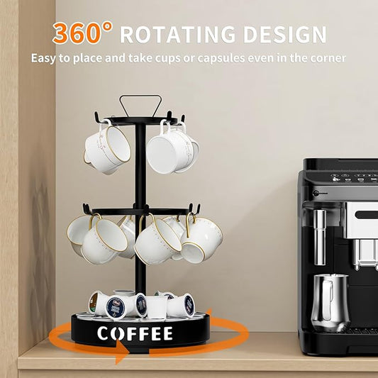 Coffee Mug Holder - Metal Mug Tree Rotatable Mug Rack, 3 Tier Coffee Cup Holder with 10 Adjustable Hooks for Bar Kitchen Counter, with Storage Base for Pods, Sugar Bags-NeatNest