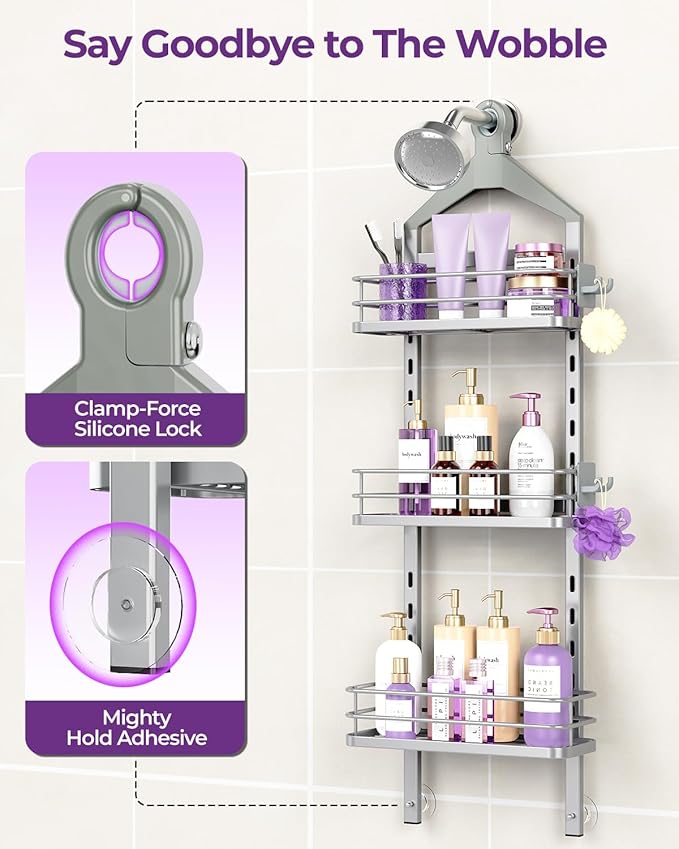 ODesign 3 Tier Height-Adjustable Shower Caddy Hanging Anti-Swing-Over The Shower Head Caddy-Storage Organizer Bathroom Shelves Basket-Silver