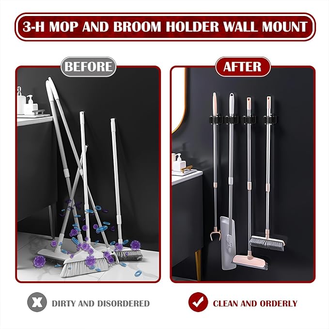3-H Broom Holder Wall Mount 8 Pack, Mop and Broom Holder for Garage Garden Shed Storage System Laundry Room Home Kitchen Organization (Black)