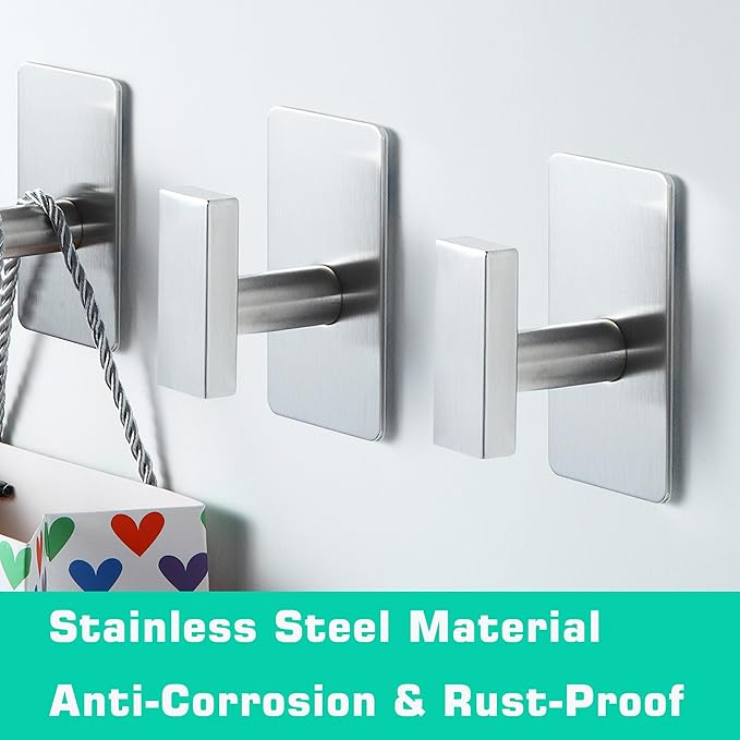 (4-Pack) Adhesive Towel Hooks Stainless Steel, Square Adhesive Wall Hooks for Bathroom Kitchen Hanging Towels, Coats, Clothes (Brushed Nickel)