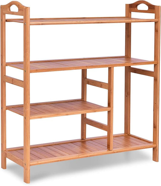 4-Tier Bamboo Shoe Rack with Boots Storage, Freestanding Wooden Display Shelf with Handle, Multifunctional Storage Organizer for Bathroom Entryway, Hallway, Living Room Plant Stand-NeatNest