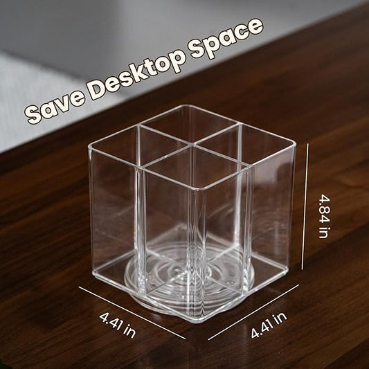 Clear Makeup Brush Holder,Acrylic Rotating 360°Makeup Brush Organizer,Pen holder with 4 Grids,Makeup Holder for Courtup,Containers for Desk,2pc-NeatNest