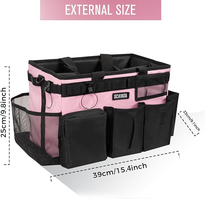 Wearable Cleaning Caddy Bag, Cleaning Caddy Supplies Organizer with Handle & Shoulder Straps for Housekeepers, Under Sink & Car Cleaning Tool Organizers with 4 Foldable Divider (SweetPink)