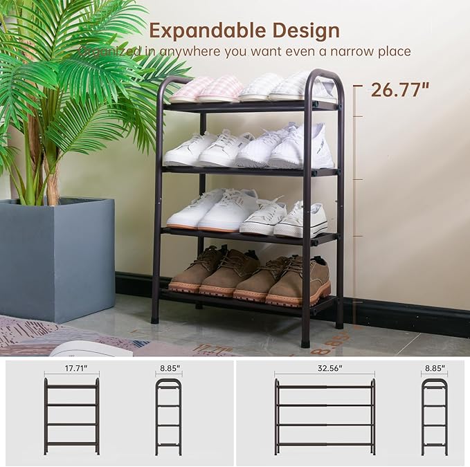 Gonfoam 4-Tier Expandable Shoe Rack,Adjustable Shoe Shelf Storage Organizer Heavy Duty Metal Free Standing Shoe Rack for Entryway Closet Doorway (Bronze)-NeatNest