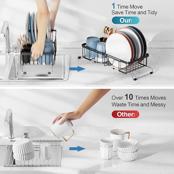 iSPECLE Expandable Small Sink Dish Drying Rack - Adjustable Capacity (13''-16.9''L) and Legs Over The Sink Dish Drainer Drying Rack for Kitchen Sink and Counter, Dish Rack with Utensil Holder, Black