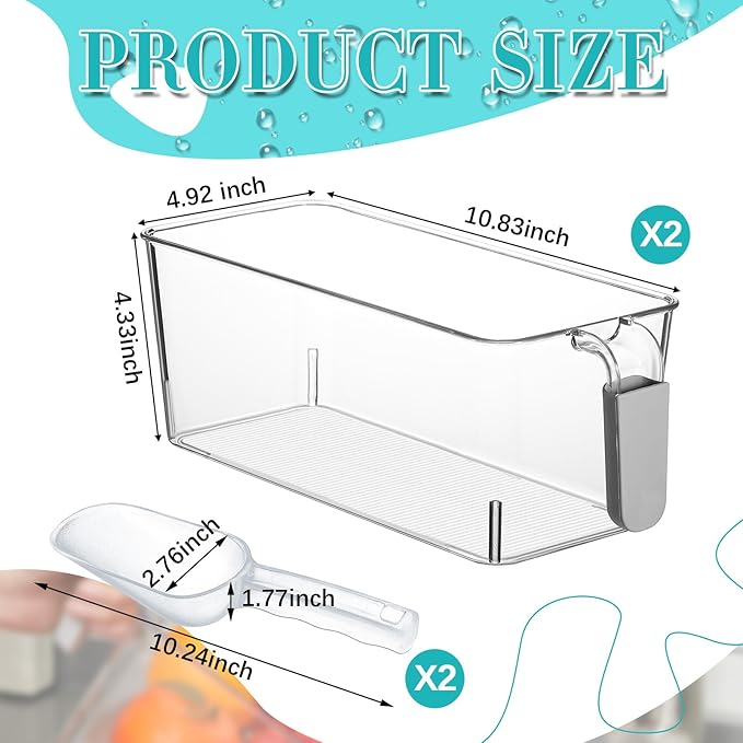 Havawish 2 Set Ice Bin and Flexible Scoop Set Plastic Freezer Ice Bin with Pull Out Handle Clear Storage Bucket for Container with Bucket Scoop(Grey,10.83 x 4.92 x 4.33 in)