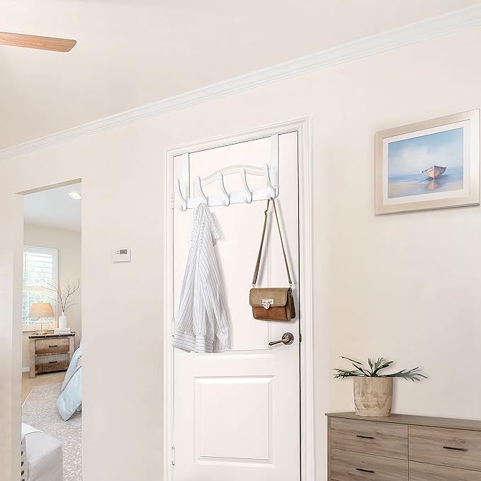 WEBI Over The Door Hook 5 Coat Hooks,Over The Door Towel Rack,Door Hanger Coat Rack Towel Hanger for Hanging Coats,Clothes,Back of Bathroom,White