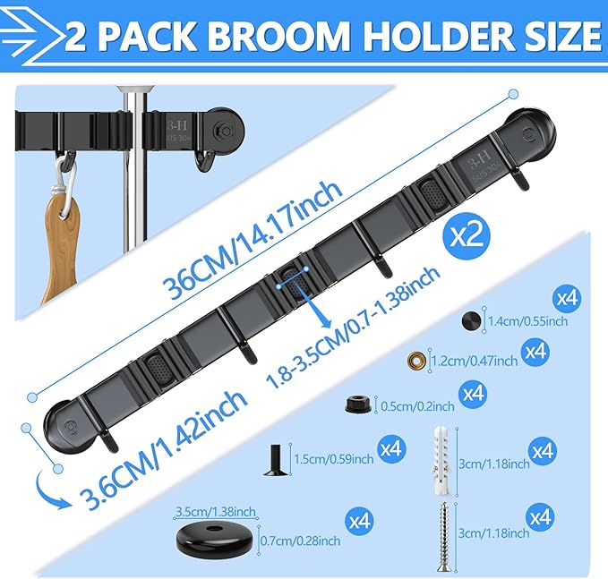3-H Magnetic Broom Holder Wall Mounted 2 Pack, Strong Magnetic Broom Hooks 13 Inch, Heavy Duty Magnet Broom Organizer Wall Mounted, Utility Storage Tools Rack for Home Kitchen Workshop Laundry Garage
