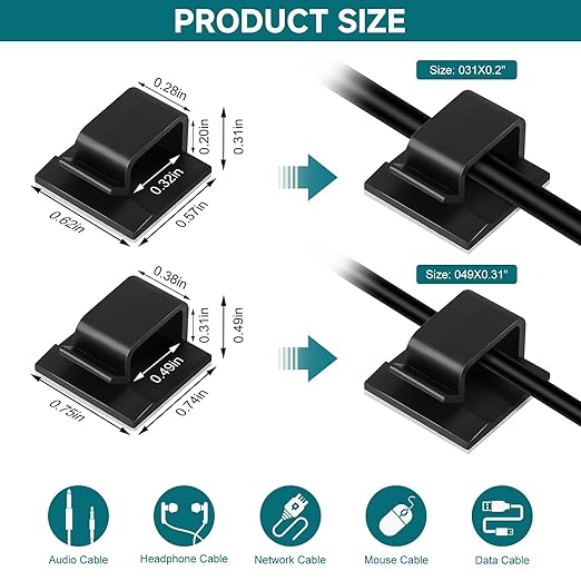 63pcs Black Cable Management,Adhesive Cable Clips,Cord Organizer ID 0.49"x 0.31",Cord Clips for Wires on Wall,Under Desk,Nightstand,PC,TV,Outdoor Lights Strip,Plant Clips for Climbing Plants-NeatNest