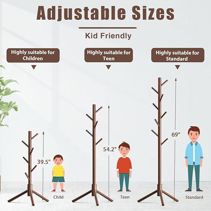 Haddockway Wooden Coat Rack Stand with 8 Hooks New Zealand Pine 3 Adjustable Coat Standing Tree Easy Assembly for Coats, Hats, Scarves and Handbags for Entryway, Hallway, Bedroom, Office-NeatNest