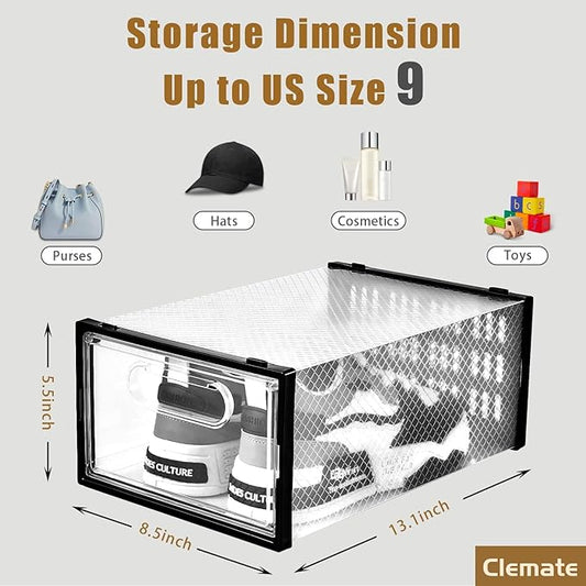 Clemate 15 Pack Shoe Storage Boxes, Clear Plastic Stackable Shoe Organizer for Closet, Shoe Box with Magnetic Door, Foldable Shoe Storage Bin, Sneaker Storage Box Shoe Rack Container Holder, Size 9-NeatNest