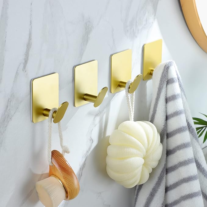 DELITON Gold Towel Hooks- 4 Pack Adhesive Hook for Coat Robe Clothes Stick on Bathroom Wall Brushed Gold Finish Heavy Duty, Stainless Steel-NeatNest