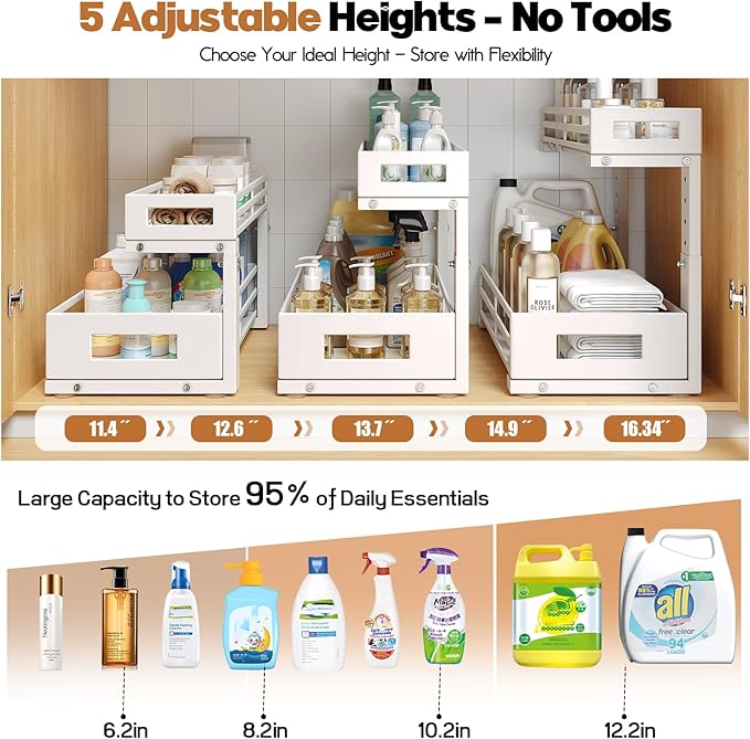 2-Pack 17"Deep Under Sink Organizer And Storage, 2-Tier L-Shaped Pull Out Cabinet Organizer with Upgraded Slide Rails, Height Adjustable Drawers for Kitchen&Bathroom, Extra-Large Storage Shelves–Gray-NeatNest