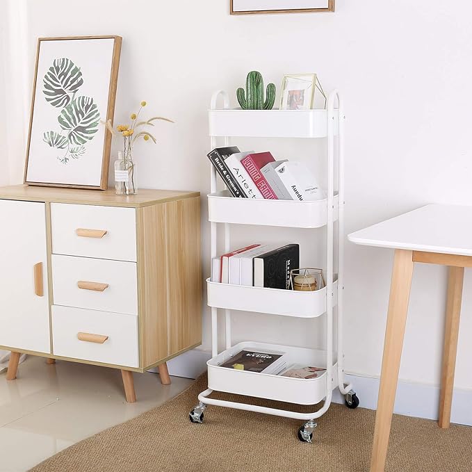 Melody House 4-Tier Metal Mesh Utility Rolling Cart Storage Organizer Shelf Rack with Lockable Wheels for Living Room Kitchen Office, White