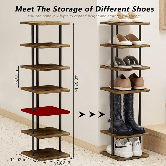 AZERPIAN Shoe Rack 7 Tier Vertical Storage Organizer Narrow Metal Slim Shelf Modern Free Standing Shoe Tower Saving Space for Closet Entryway Bedroom,Black+Rustic Brown-NeatNest