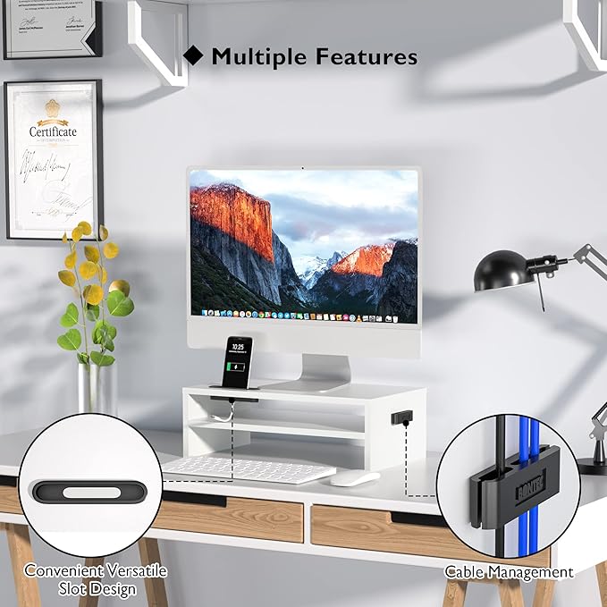BONTEC Wooden Monitor Stand Riser, 2-Tier Desk Shelf with Storage Organizer, Ergonomic Computer Stand with Cable Management, Cellphone Holder, White, 16.5 Inch-NeatNest