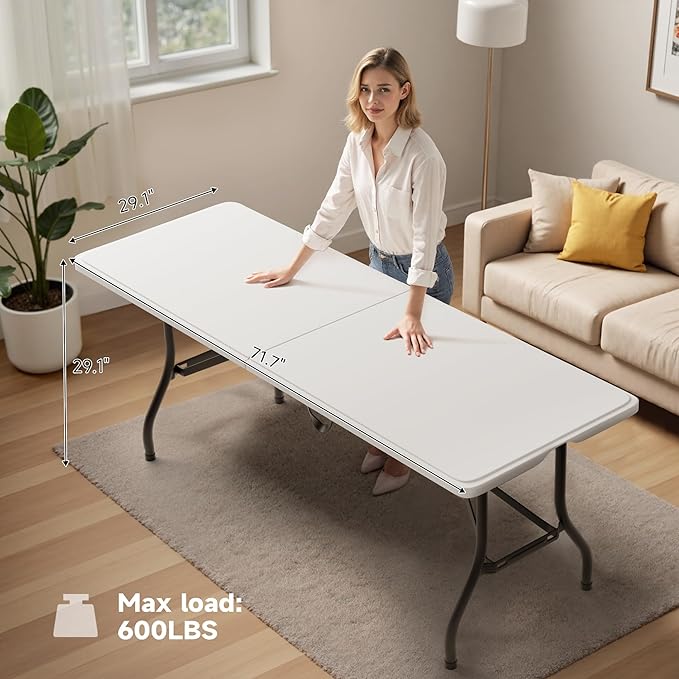 Folding Table 6 Foot - Heavy Duty 600LBS Capacity, Sturdy & Foldable Design with Safety Lock - Portable Tables Folding for Camping, Party, Indoor & Outdoor Use, 2 Pack-NeatNest