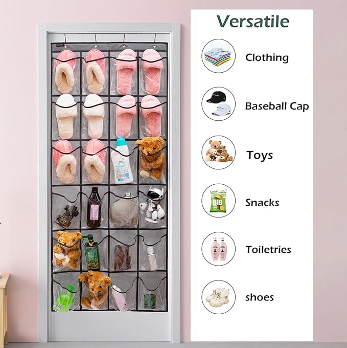 Over the Door Shoe Rack Organizer with 24 Clear PVC Pockets Hanging Pocket Organizer for Bedroom Bathroom Kitchen Stroage (24 Pockets-Grey)-NeatNest