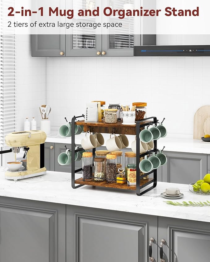 IBUYKE Coffee Bar Station Countertop Organizer,2 Tier Kitchen Mug Cup Holder Stand,Wooden Coffee Mug Organizer with 18 Hooks,Multifunctional Mug Tree for Home Kitchen, Office,Vintage Brown UTBJ006H-NeatNest