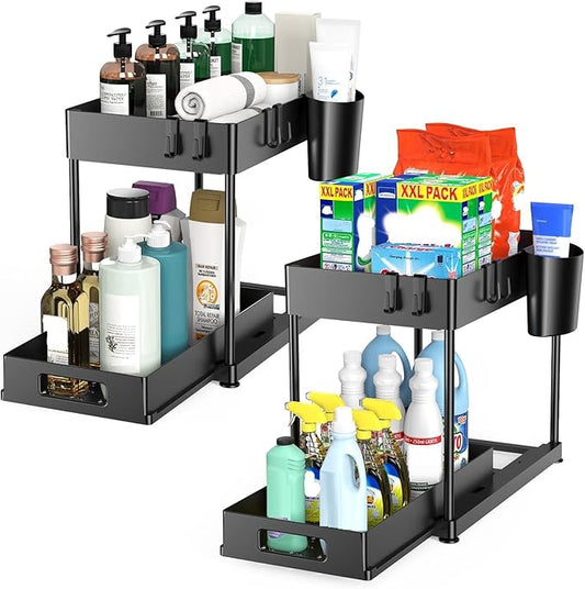 Under Sink Organizers and Storage, 2 Pack Large Capacity Heavy Load Pull-out Under Sink Shelves with Sliding Drawer for Kitchen and Bathroom, Black, 12 x 8.7 x 15.7 inch-NeatNest
