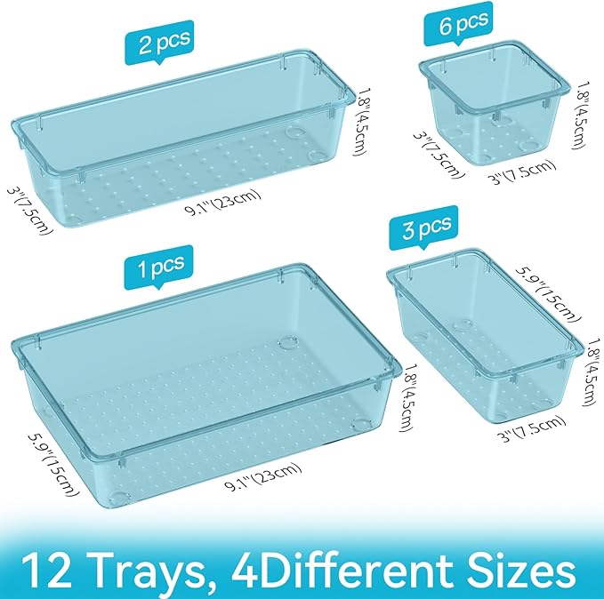 12-Piece Drawer Organizer Set, 4 Sizes Versatile Plastic Vanity Organizer for Makeup, Stationery, Gadgets, in Kitchen, Bathroom, Office, and Bedroom, Sea Blue-NeatNest